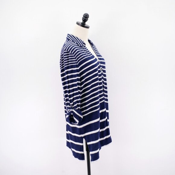 Chicos XL Top Size 3 Blue White Button Front Striped Rolled Tab Collared Long Sl - Picture 8 of 10